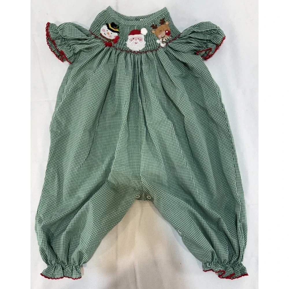 Southern Smocked Christmas Green One Piece Bodysuit Santa Snowman Reindeer 6M